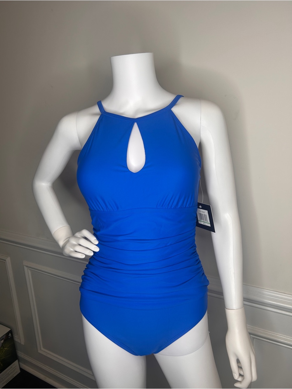 Ellen Tracy One Piece Swimsuit Women Size 8 Blue High Neck Ruched Slimming NWT - Picture 7 of 15